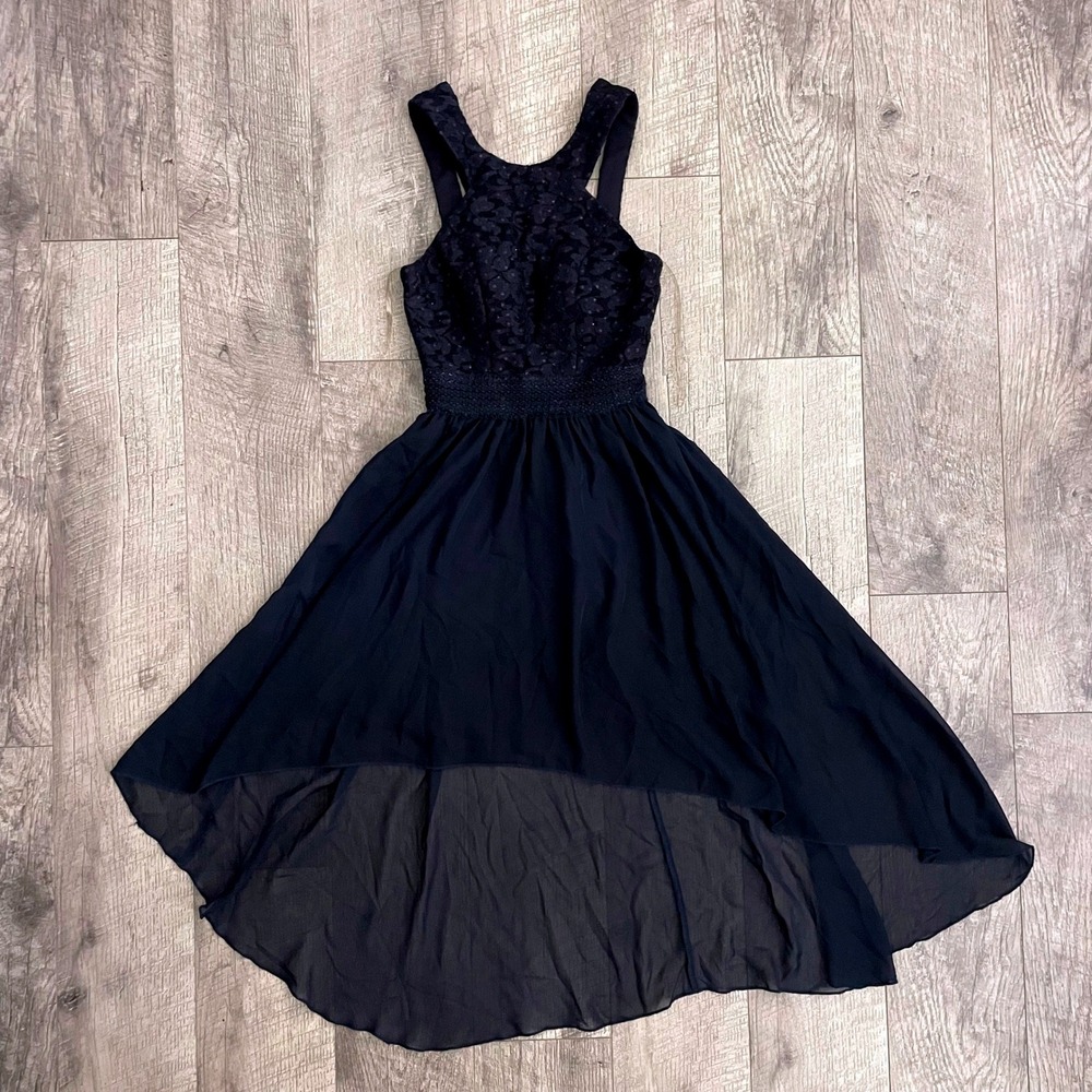 Speechless Girls Navy Blue Glitter Lace High-Low Chiffon Formal Dress Size 0
